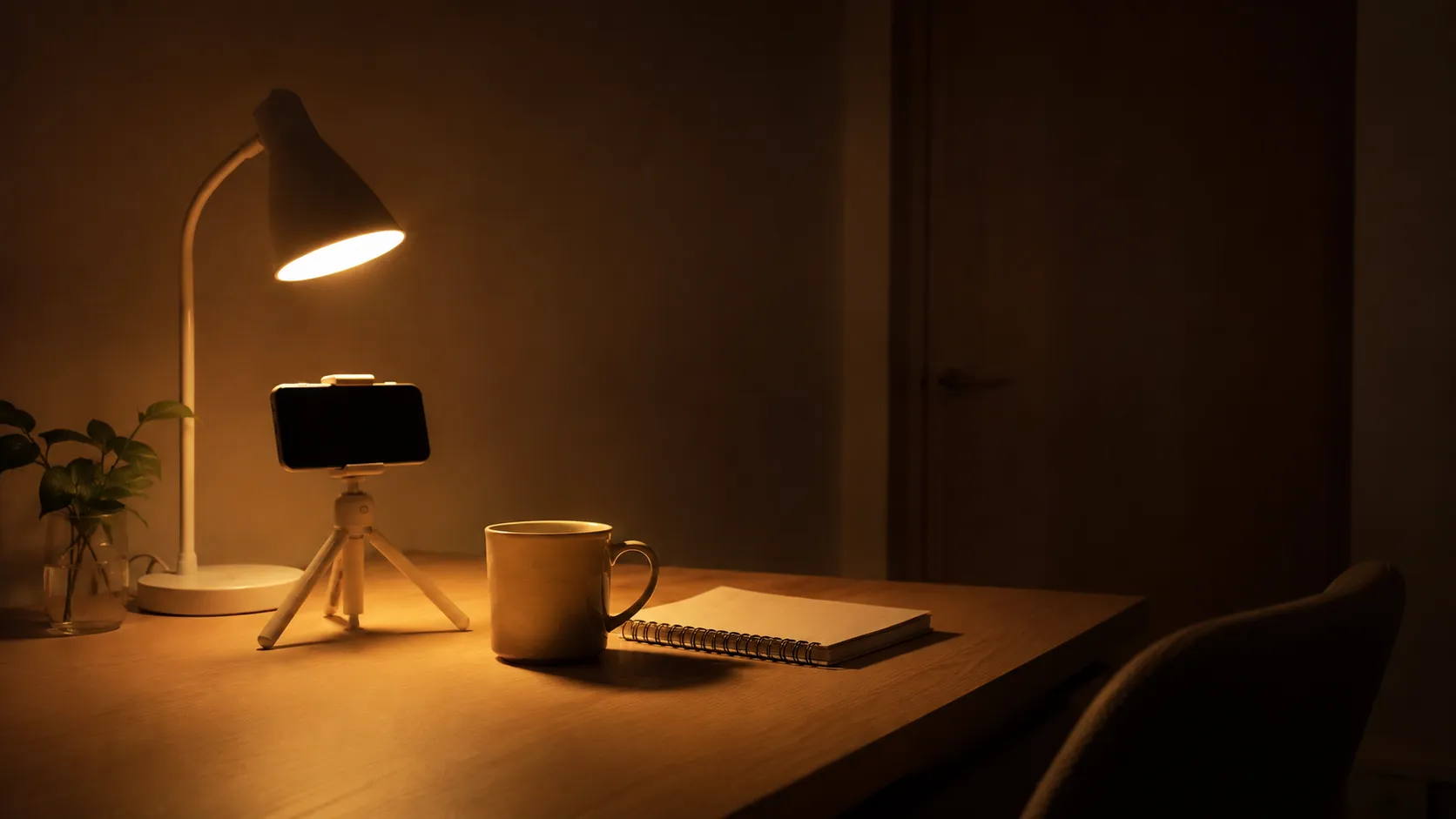 夜の自室の机。スタンドライトの明かりだけで、三脚に立てたスマートフォンとノートが置かれている